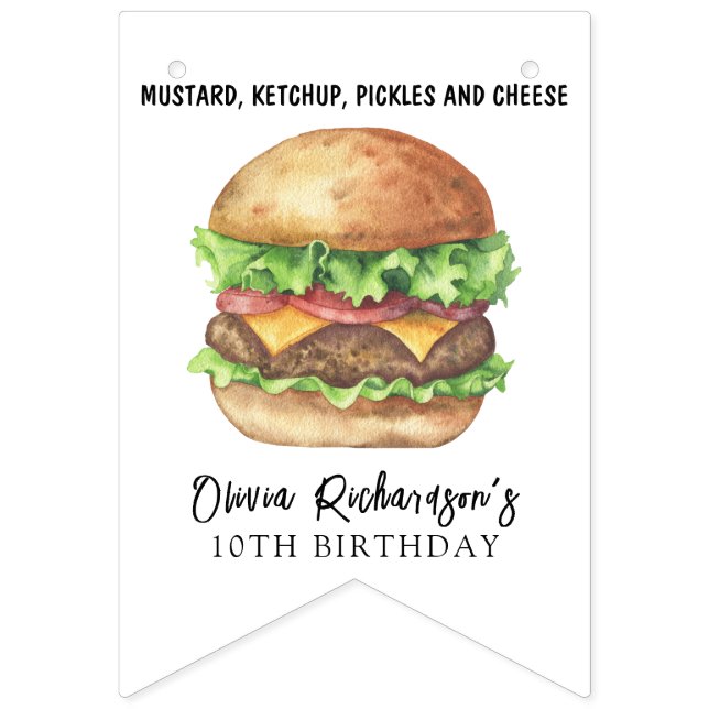 Watercolor Burger Party Birthday Bunting (First Flag)