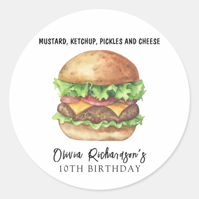 Watercolor Burger Party Birthday Classic Round Sticker (Front)