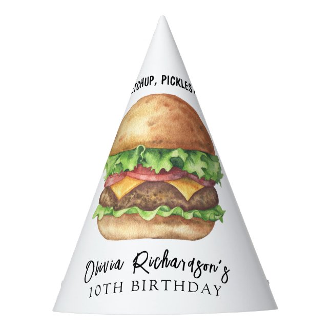 Watercolor Burger Party Birthday Hat (Front)