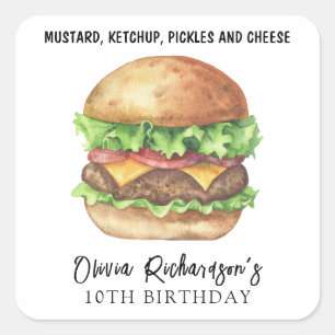 Watercolor Burger Party Birthday Square Sticker
