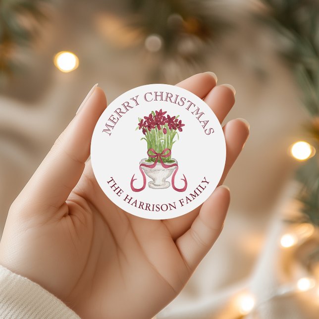 Watercolor Burgundy Amaryllis Christmas Gift Classic Round Sticker (Creator Uploaded)