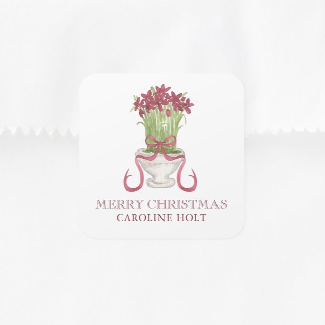Watercolor Burgundy Amaryllis Christmas Gift Square Sticker (Creator Uploaded)