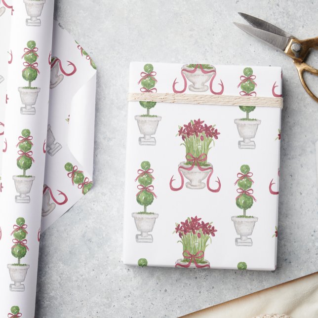 Watercolor Burgundy Amaryllis & Topiary Christmas Wrapping Paper (Creator Uploaded)