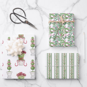 Watercolor Burgundy Amaryllis & Topiary Christmas Wrapping Paper Sheet