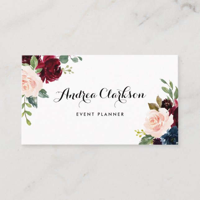 Watercolor Burgundy and Blue Floral Bouquet Business Card (Front)