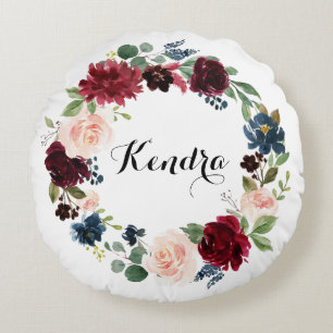 Watercolor Burgundy and Blue Floral Wreath Autumn Round Cushion