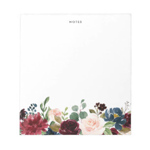 Watercolor Burgundy and Blue Flowers Garland Notepad