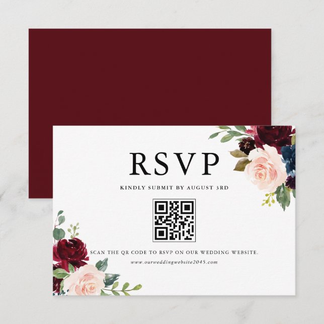 Watercolor Burgundy and Blue Flowers QR Code RSVP Card (Front/Back)