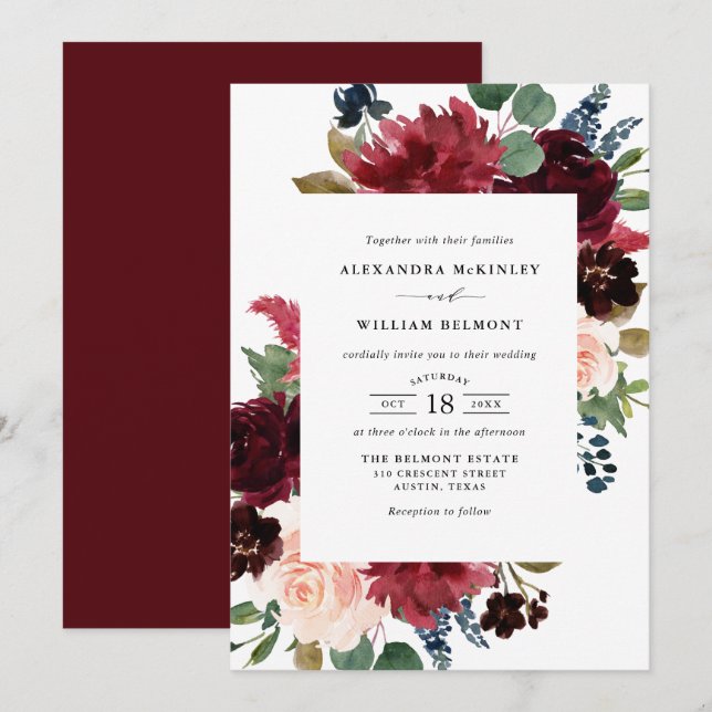 Watercolor Burgundy and Blue Flowers Wedding Invitation (Front/Back)