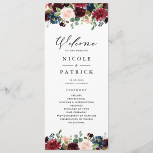 Watercolor Burgundy and Blue Flowers Wedding Programme