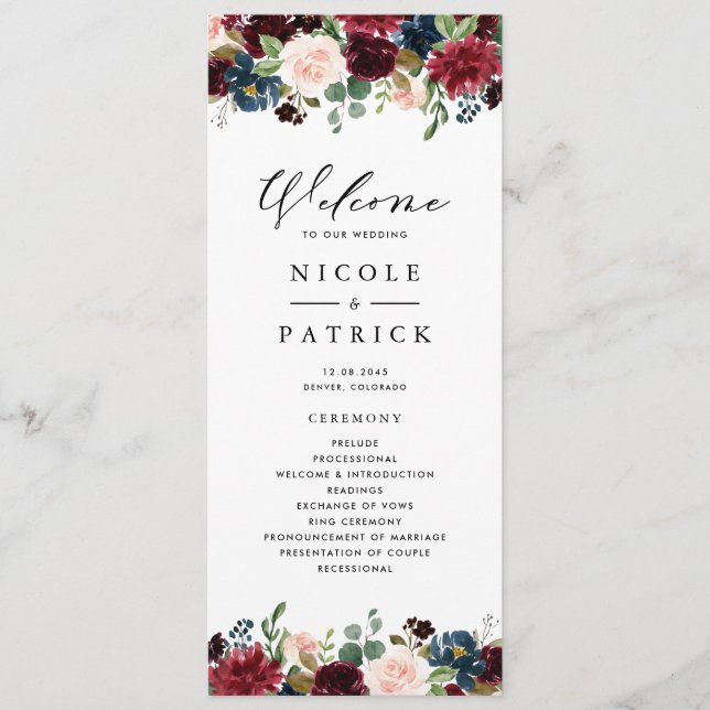 Watercolor Burgundy and Blue Flowers Wedding Programme (Front)