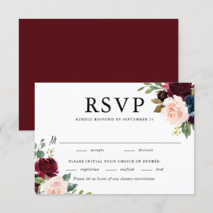 Watercolor Burgundy and Blue Flowers Wedding RSVP Card