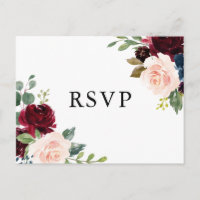 Watercolor Burgundy and Blue Flowers Wedding RSVP