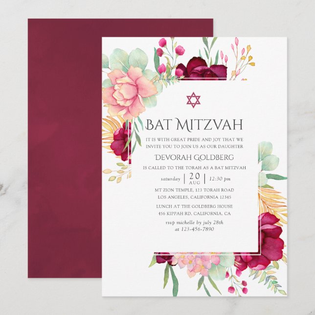 Watercolor Burgundy and Blush Floral Bat Mitzvah Invitation (Front/Back)