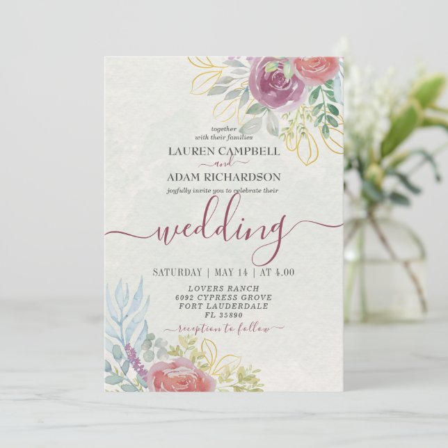 Watercolor Burgundy and Burnt Orange Floral  Invitation (Standing Front)