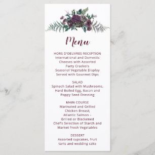 Watercolor Burgundy and Grey Flowers Wedding Menu