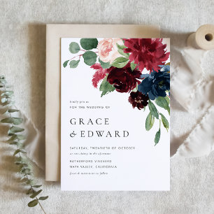 Watercolor Burgundy and Navy Blue Floral Wedding Magnetic Invitation