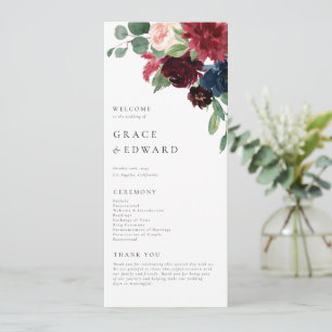 Watercolor Burgundy and Navy Blue Floral Wedding Programme