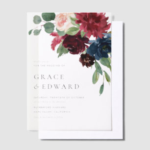Watercolor Burgundy and Navy Blue Floral Wedding Vellum Invitations