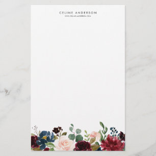 Watercolor Burgundy and Navy Blue Flowers Garland Stationery