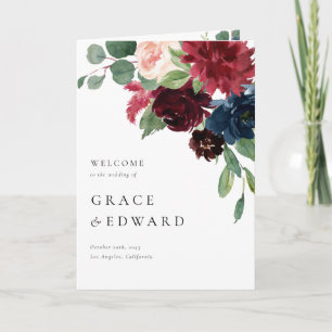 Watercolor Burgundy and Navy Blue Flowers Wedding Programme