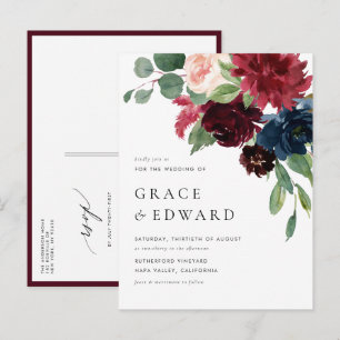 Watercolor Burgundy and Navy Botanical Wedding Invitation Postcard