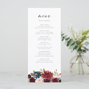 Watercolor Burgundy and Navy Botanical Wedding Menu