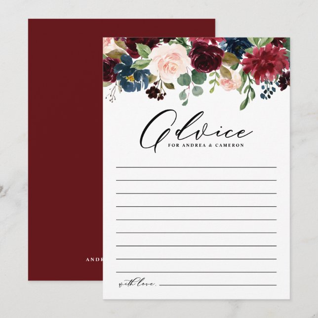 Watercolor Burgundy and Navy Flowers Wedding Advice Card (Front/Back)
