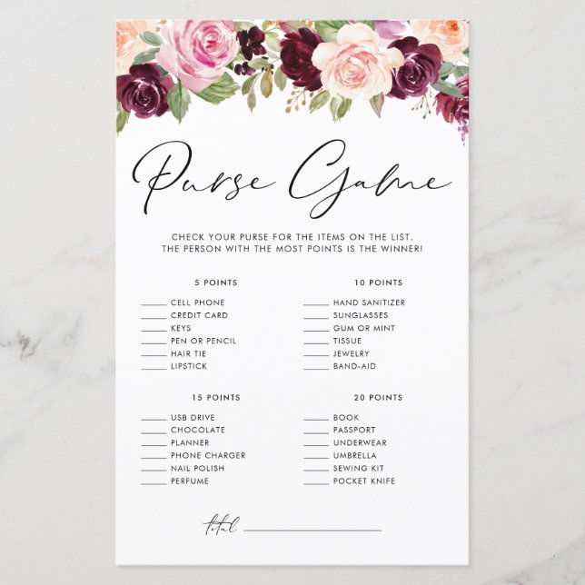 Watercolor Burgundy and Peach Flowers Purse Game (Front)