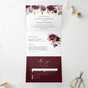 Watercolor Burgundy and Purple Floral Fall Wedding Tri-Fold Invitation