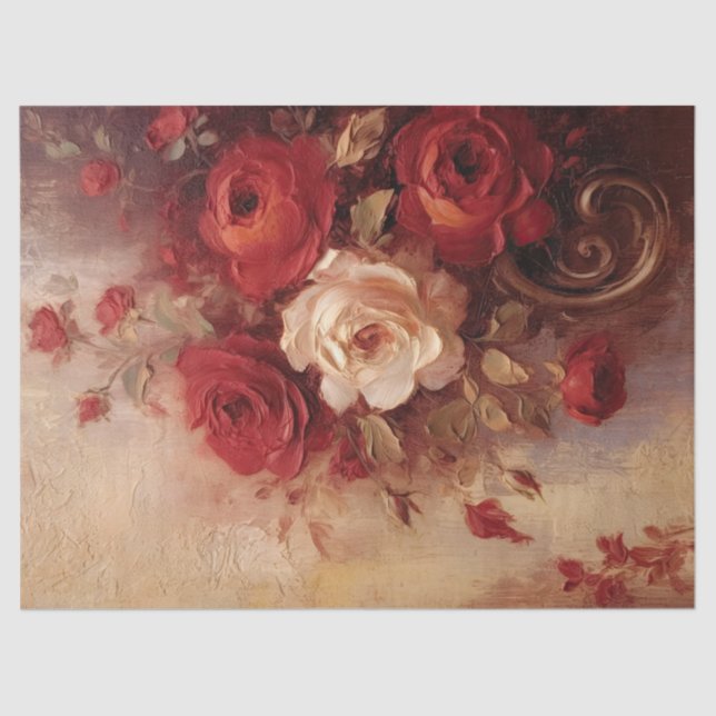 Watercolor burgundy and white French roses gold Tissue Paper (Front)