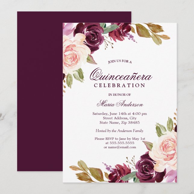 Watercolor Burgundy Berry Blush Quinceanera Party Invitation (Front/Back)