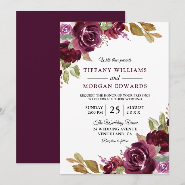 Watercolor Burgundy Berry Flowers Wedding Invitation (Front/Back)