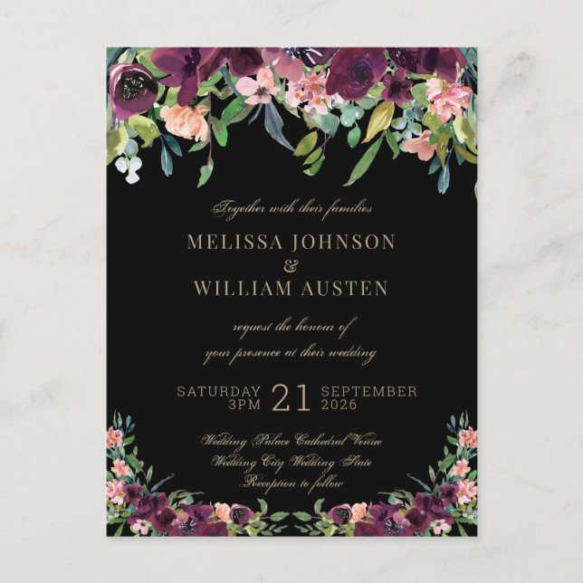 Watercolor Burgundy Black Floral Wedding Invitation Postcard (Front)