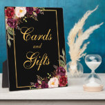 Watercolor Burgundy Black Gold Wedding Cards Gifts Plaque<br><div class="desc">Watercolor Floral Burgundy Black & Gold Wedding Cards Gifts Table Plaque</div>