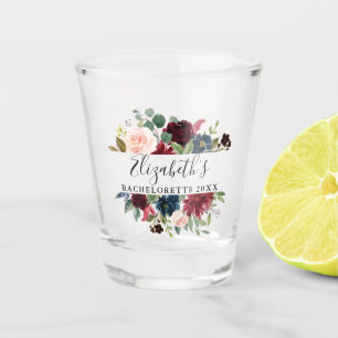 Watercolor Burgundy Blue Floral Bachelorette Party Shot Glass