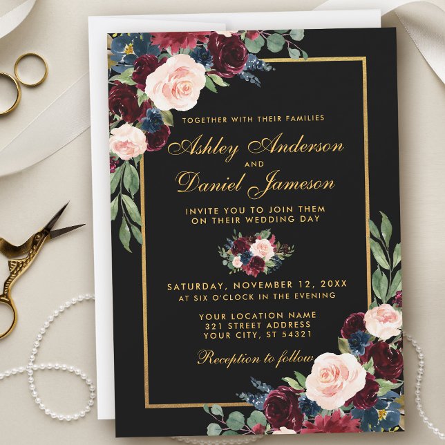 Watercolor Burgundy Blue Floral Black Gold Wedding Invitation (Customize to change text size, color, style or color of back of card.)