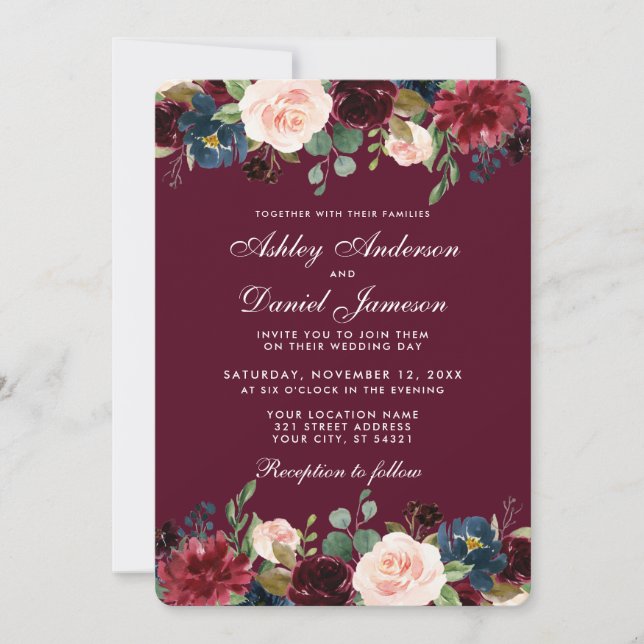 Watercolor Burgundy Blue Floral Elegant Wedding WB Invitation (Front)