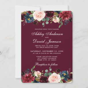 Watercolor Burgundy Blue Floral Elegant Wedding WB Invitation