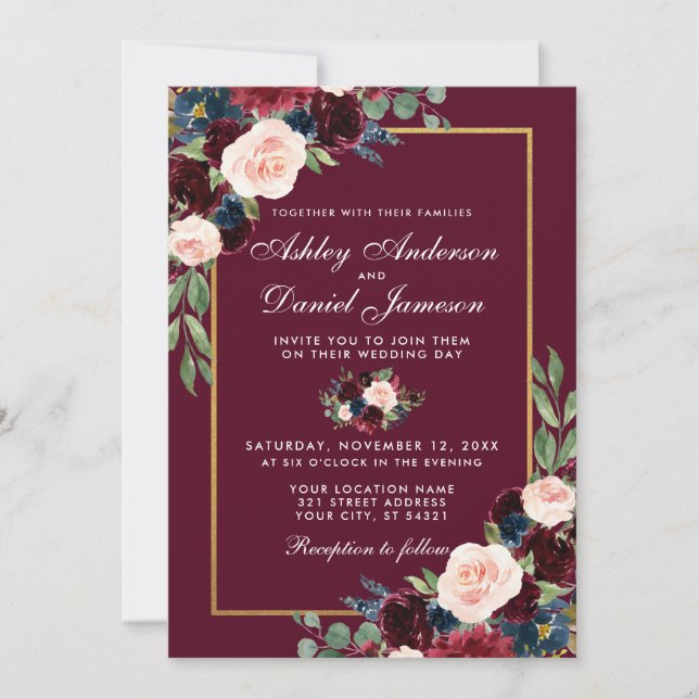 Watercolor Burgundy Blue Floral Gold Frame Wedding Invitation (Front)