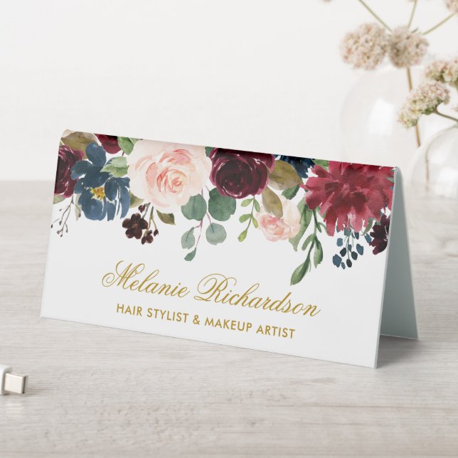 Watercolor Burgundy Blue Floral Gold Name Sign (In SItu (Table))