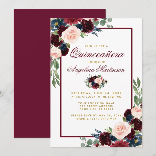 Watercolor Burgundy Blue Floral Gold Quinceanera Invitation (Front/Back)