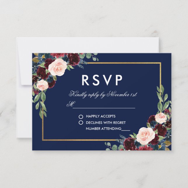 Watercolor Burgundy Blue Floral Gold RSVP (Front)