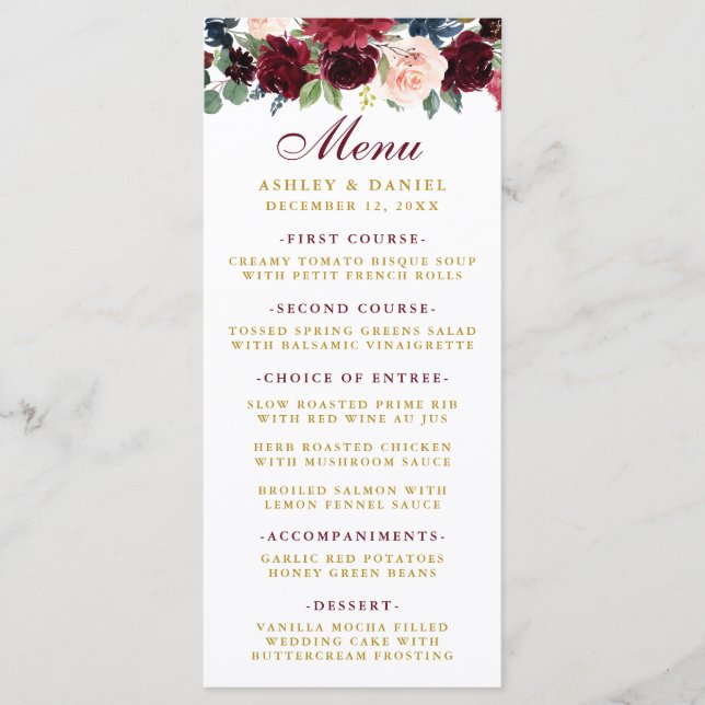 Watercolor Burgundy Blue Floral Gold Wedding Menu (Front)