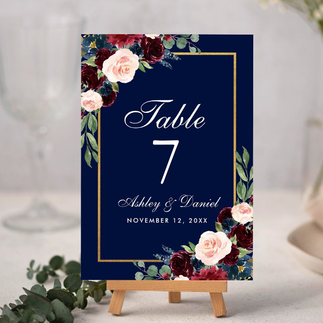 Watercolor Burgundy Blue Floral Gold Wedding Table Number (Customize to change text size or text style.)