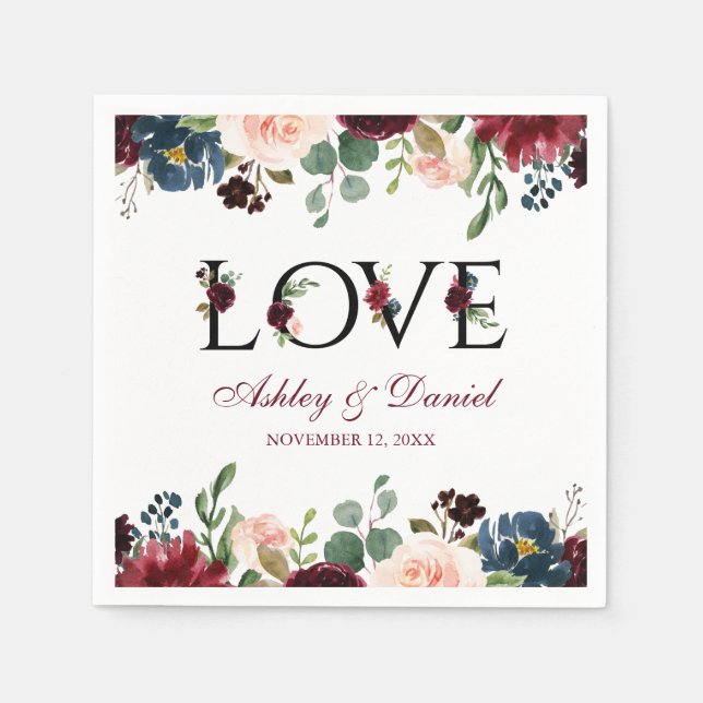 Watercolor Burgundy Blue Floral Love Wedding Napkin (Front)