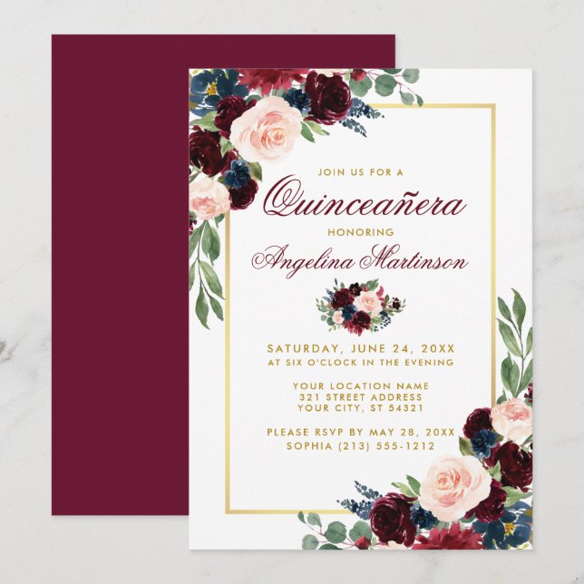 Watercolor Burgundy Blue Floral Quinceanera Gold Invitation (Front/Back)