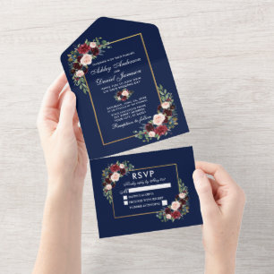 Watercolor Burgundy Blue Floral Wedding All In One Invitation