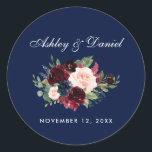 Watercolor Burgundy Blue Floral Wedding Classic Round Sticker<br><div class="desc">Watercolor Burgundy Floral Blue Wedding Stickers</div>