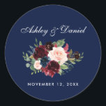 Watercolor Burgundy Blue Floral Wedding Classic Round Sticker<br><div class="desc">Watercolor Burgundy Floral Blue Wedding Stickers</div>